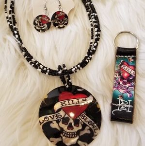 Ed Hardy Necklace, earrings & key chain
